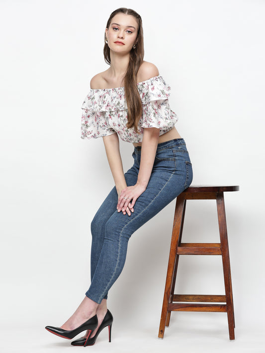 TrendRush Women White Floral Off-Shoulder Crop Top