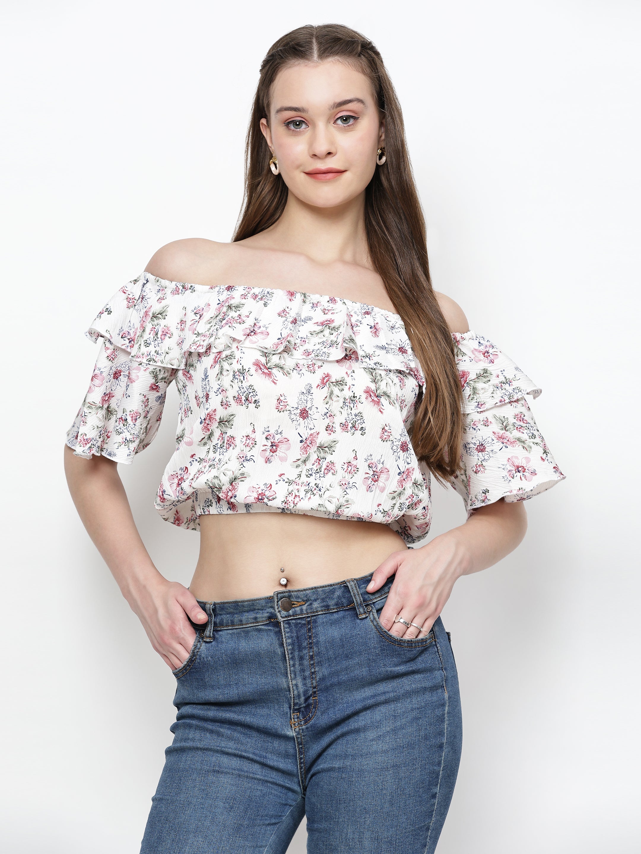 TrendRush Women White Floral Off-Shoulder Crop Top