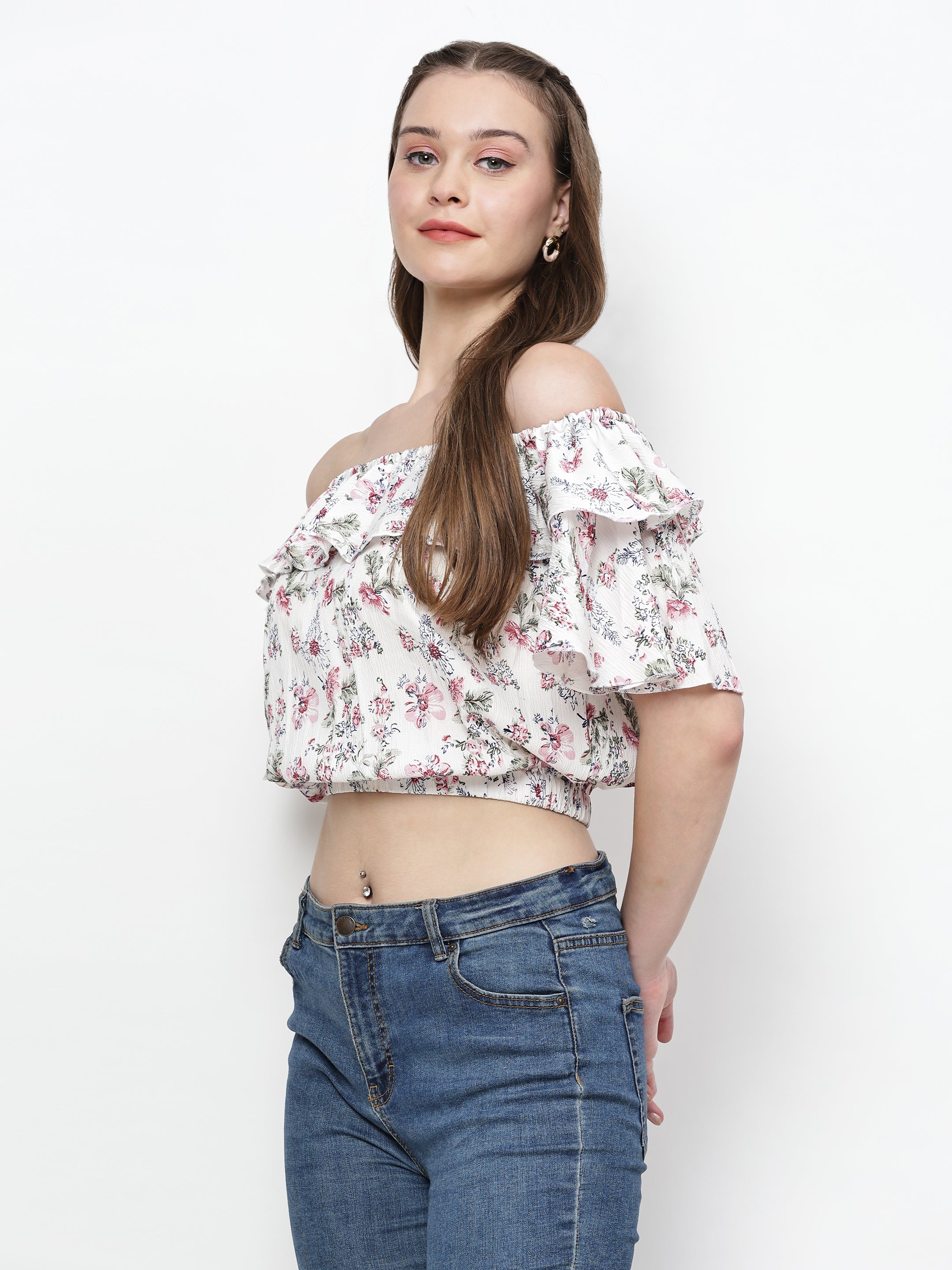 TrendRush Women White Floral Off-Shoulder Crop Top