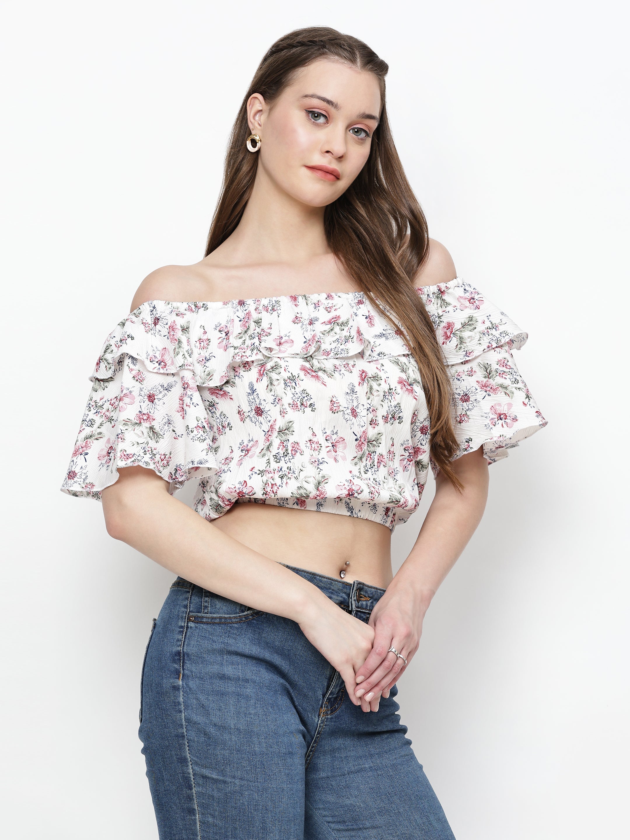 TrendRush Women White Floral Off-Shoulder Crop Top