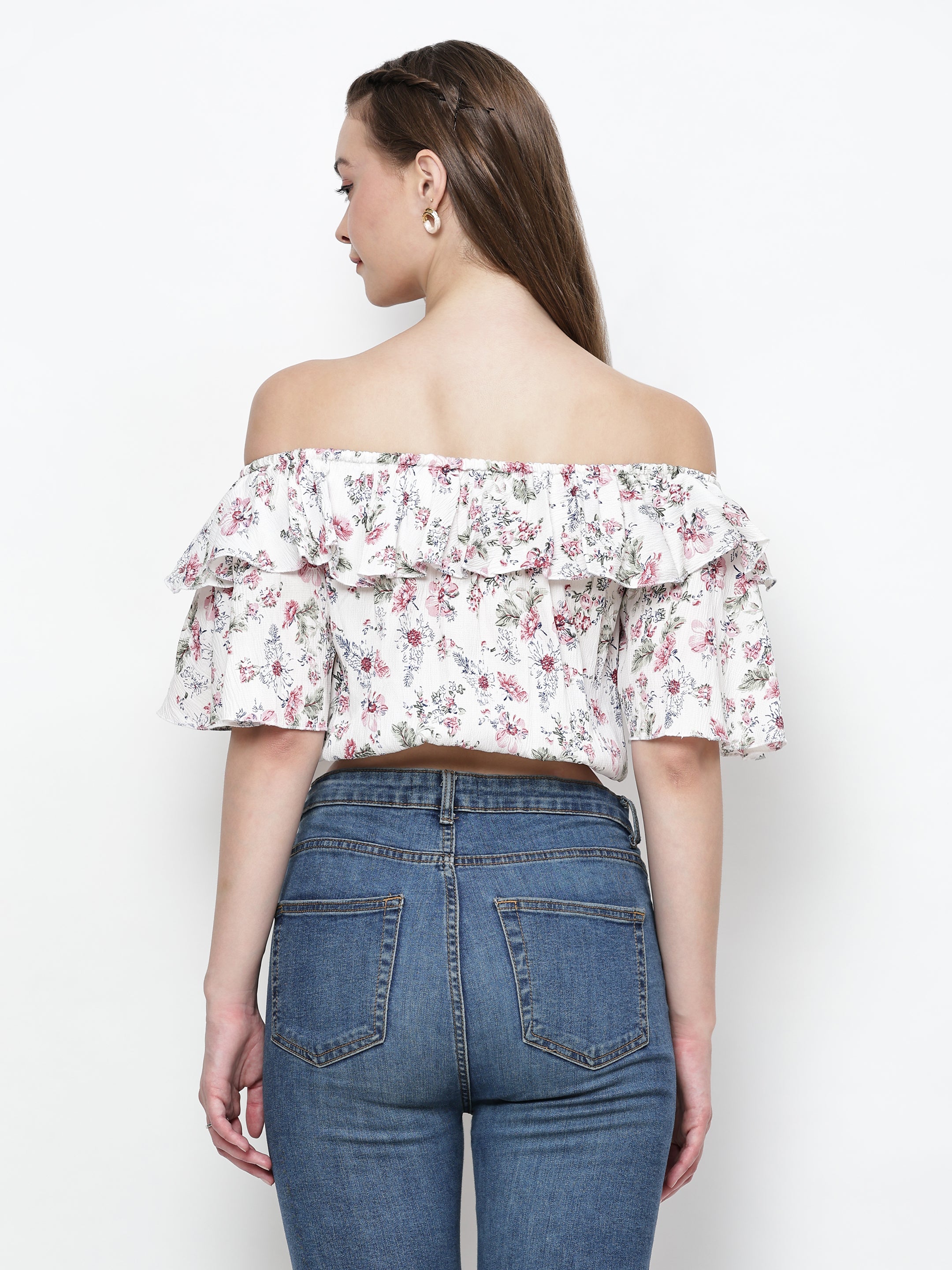 TrendRush Women White Floral Off-Shoulder Crop Top