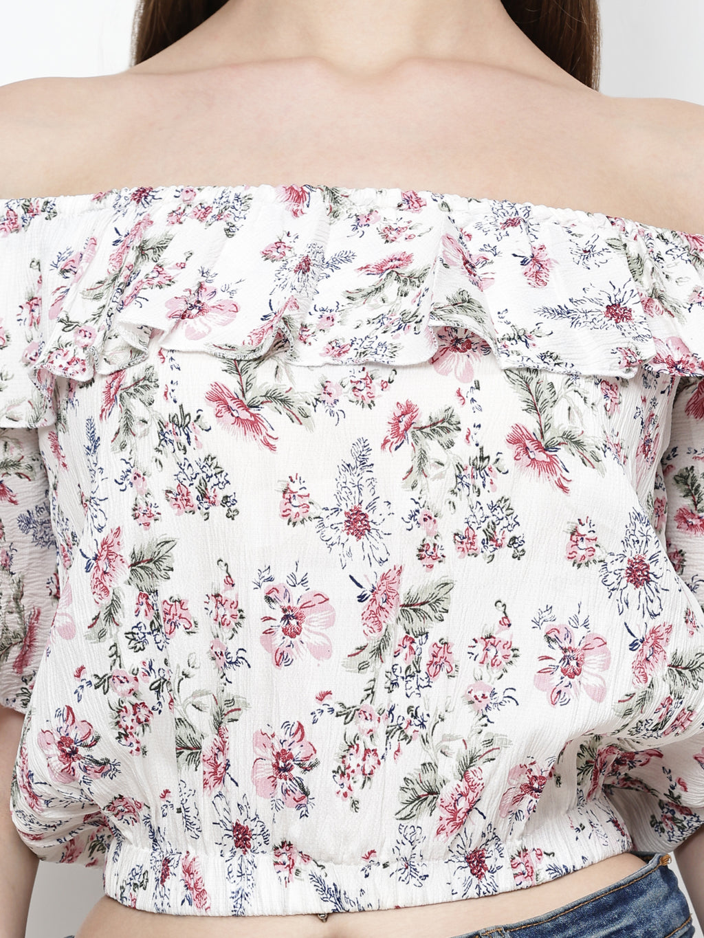 TrendRush Women White Floral Off-Shoulder Crop Top
