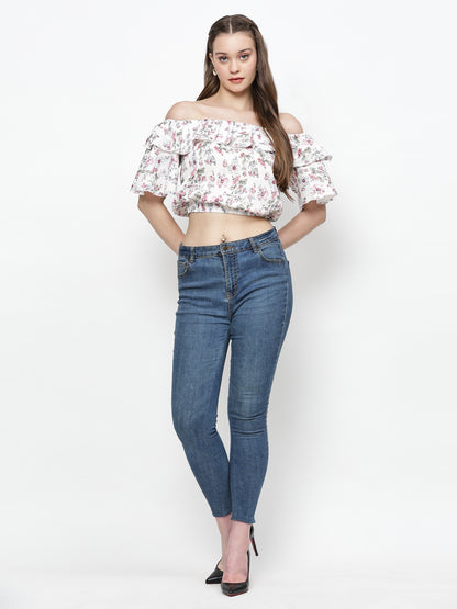 TrendRush Women White Floral Off-Shoulder Crop Top