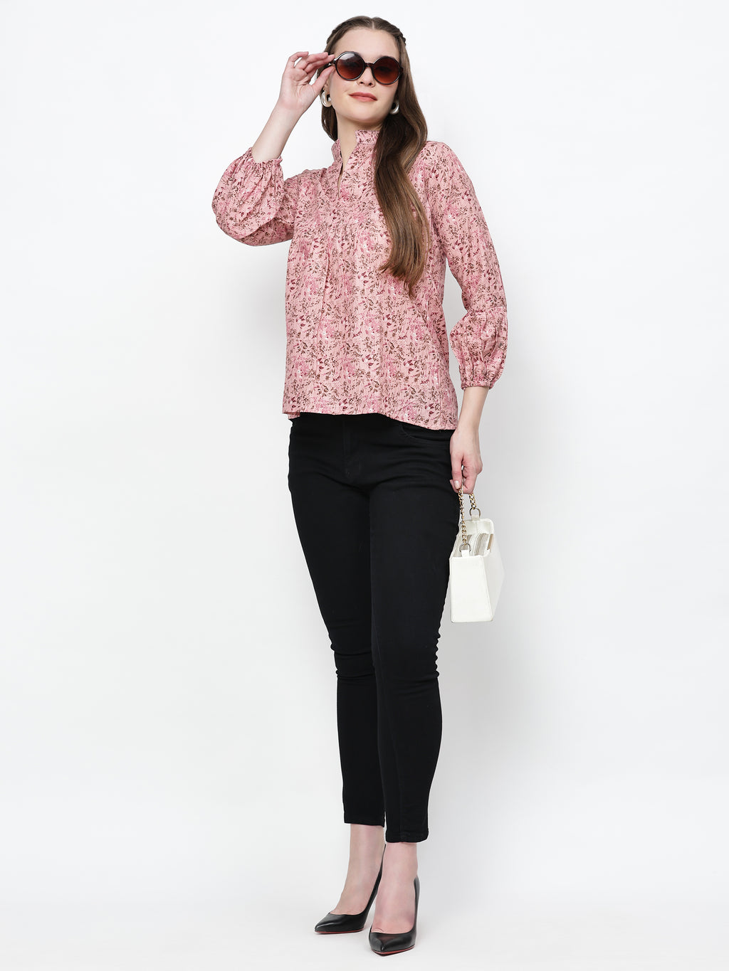 TrendRush Women Pink Floral Mandarin Collared Top