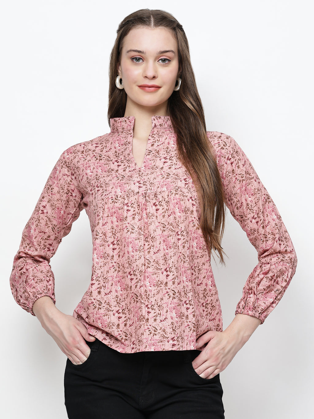 TrendRush Women Pink Floral Mandarin Collared Top