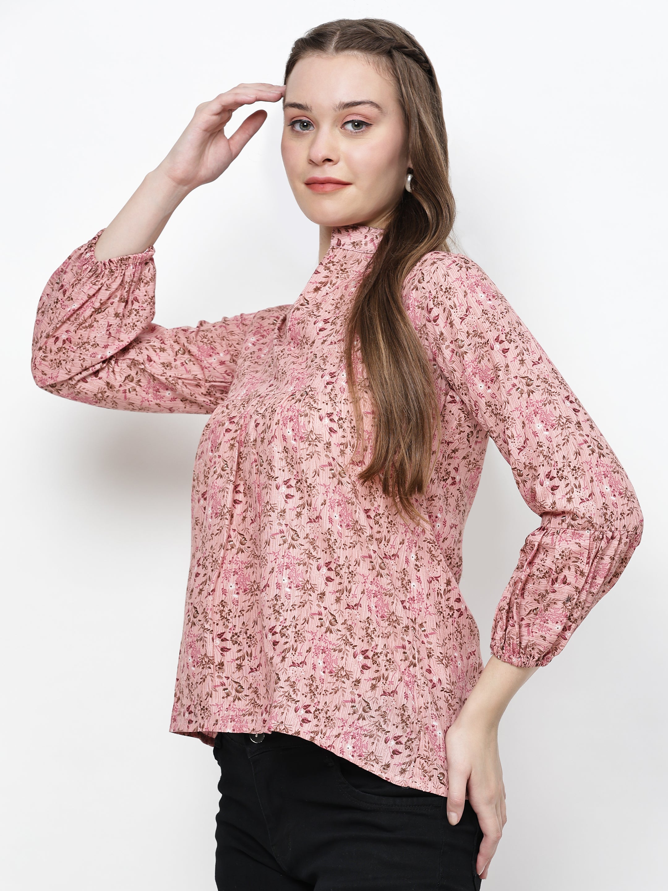 TrendRush Women Pink Floral Mandarin Collared Top