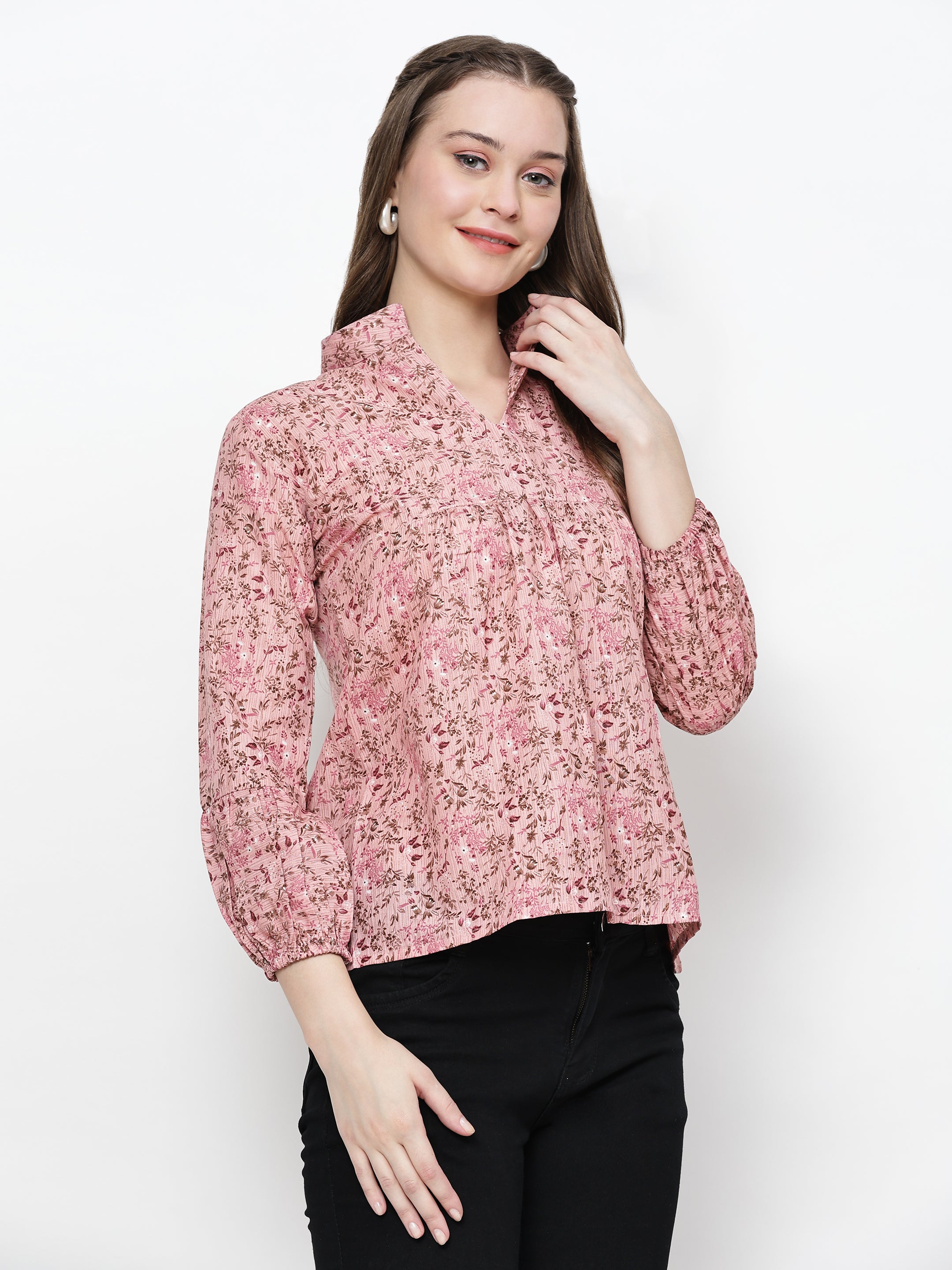 TrendRush Women Pink Floral Mandarin Collared Top