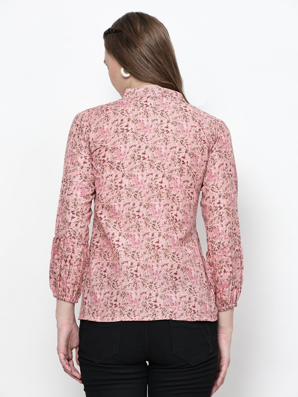 TrendRush Women Pink Floral Mandarin Collared Top