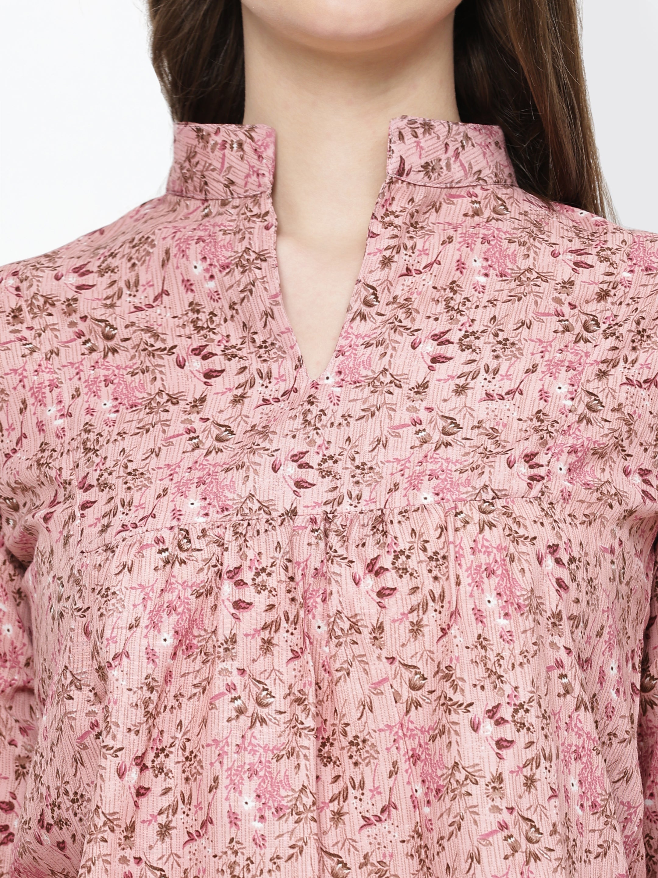 TrendRush Women Pink Floral Mandarin Collared Top