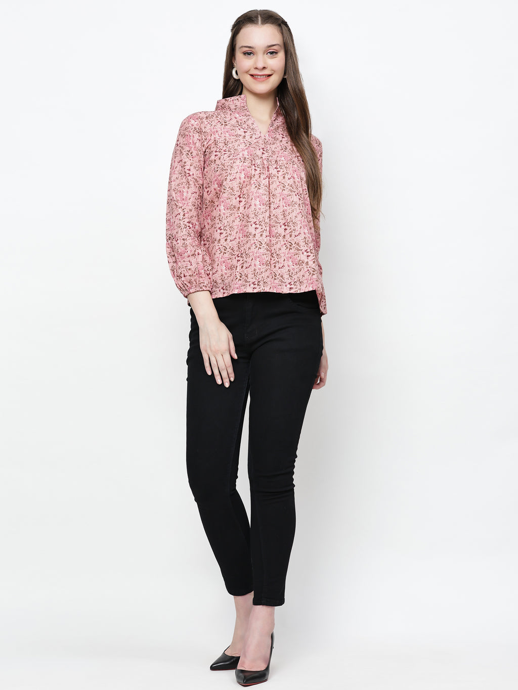 TrendRush Women Pink Floral Mandarin Collared Top
