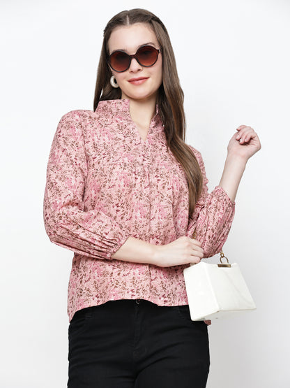 TrendRush Women Pink Floral Mandarin Collared Top