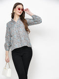TrendRush Women Grey Floral Mandarin Collared Top