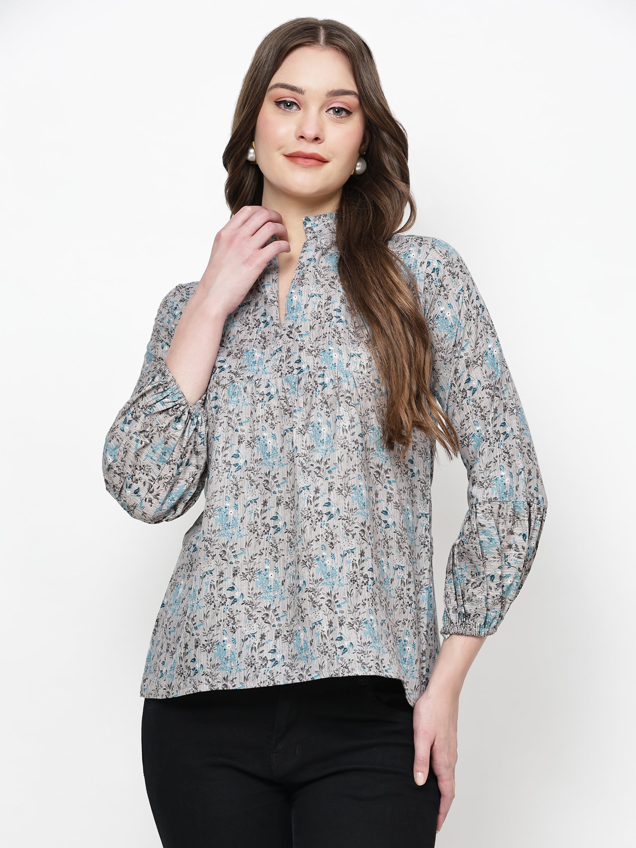 TrendRush Women Grey Floral Mandarin Collared Top