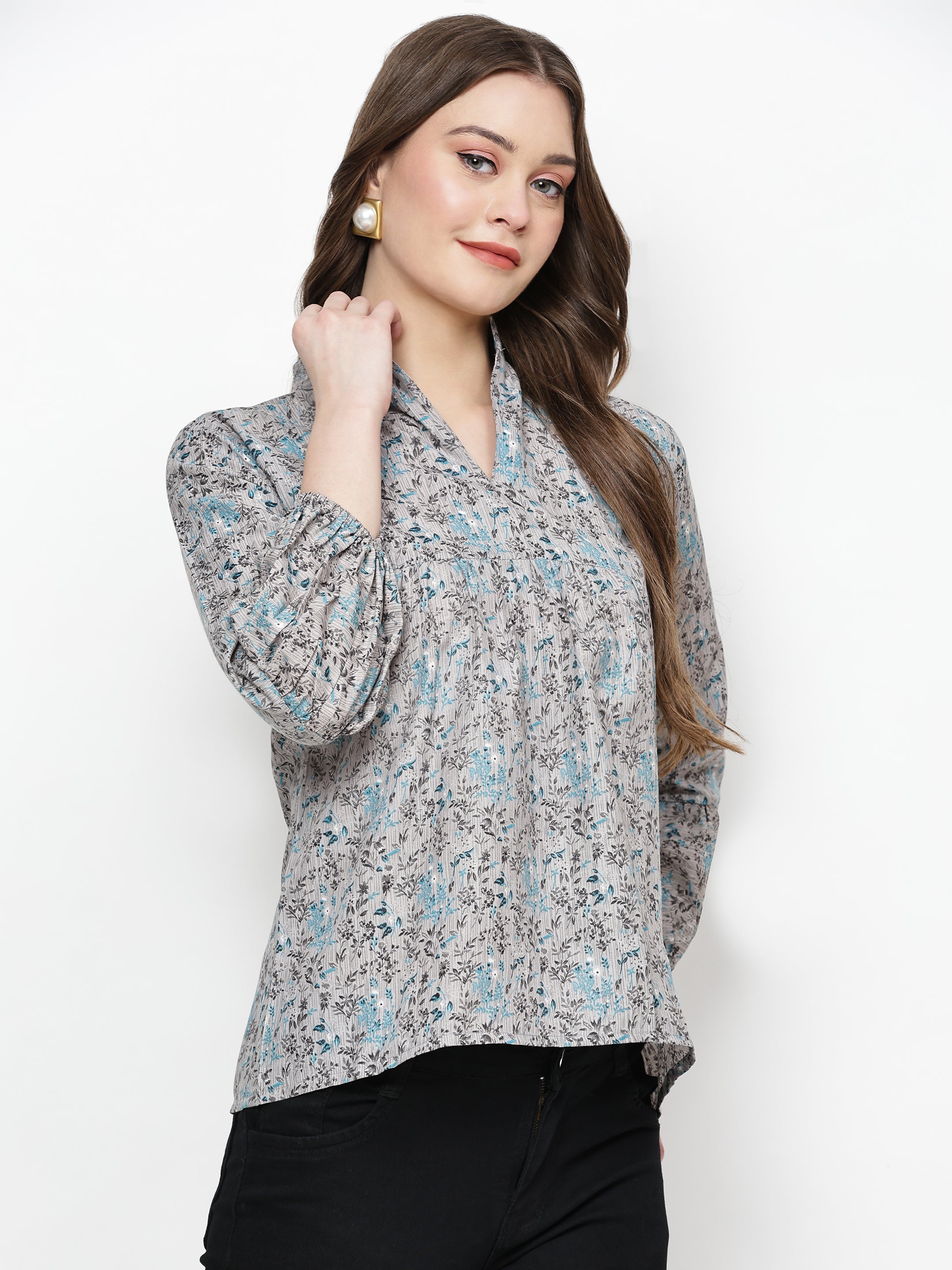 TrendRush Women Grey Floral Mandarin Collared Top