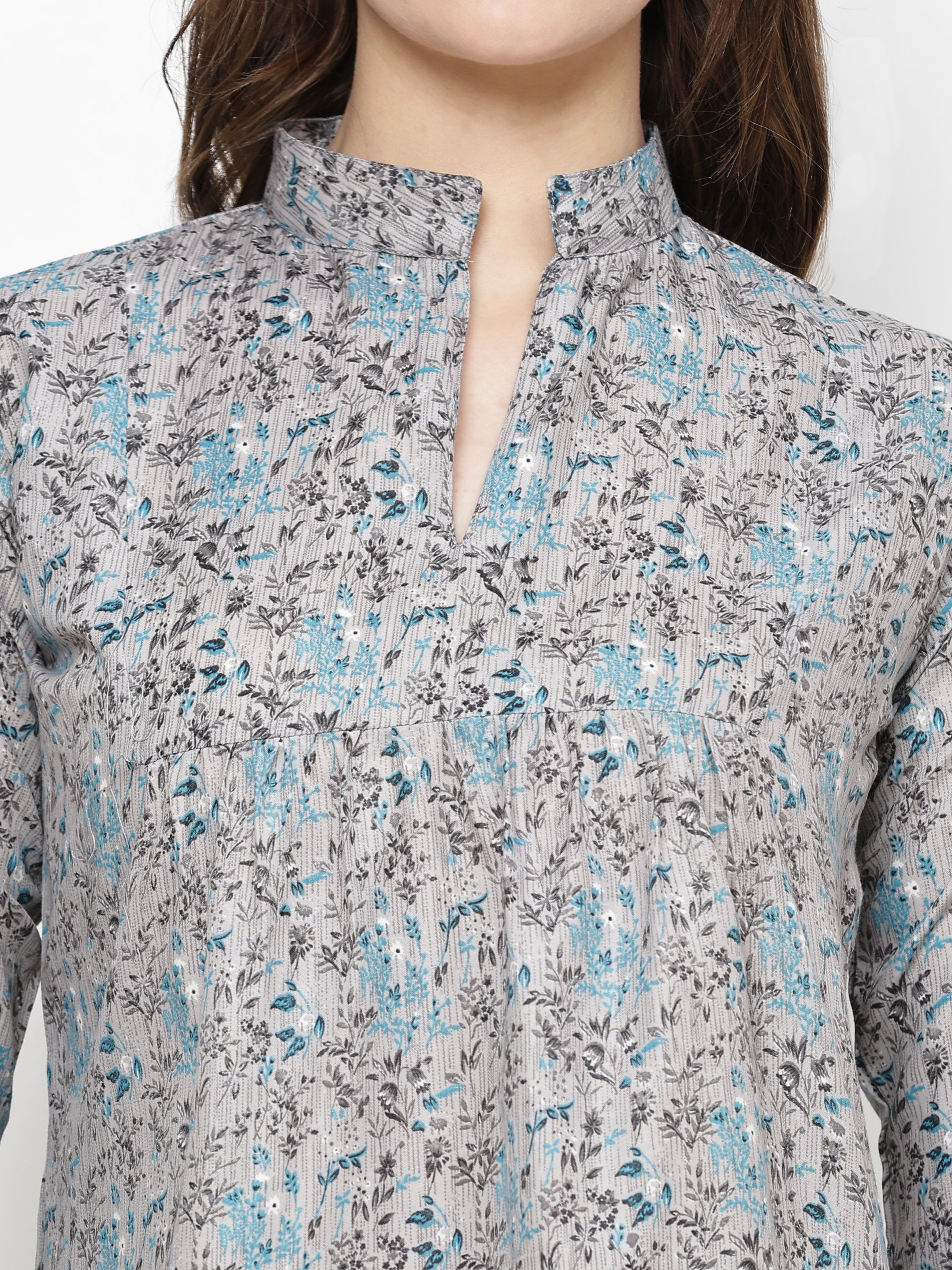 TrendRush Women Grey Floral Mandarin Collared Top
