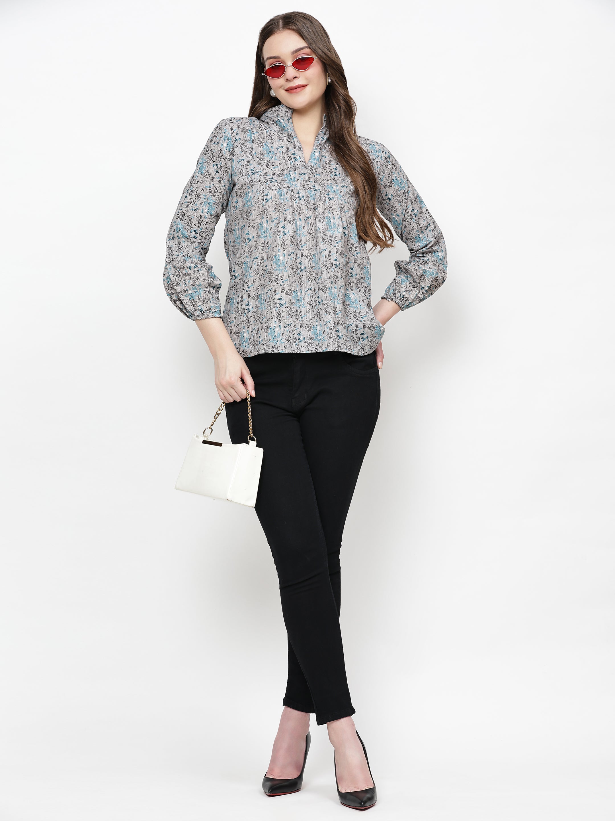 TrendRush Women Grey Floral Mandarin Collared Top