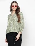 TrendRush Women Green Floral Mandarin Collared Top