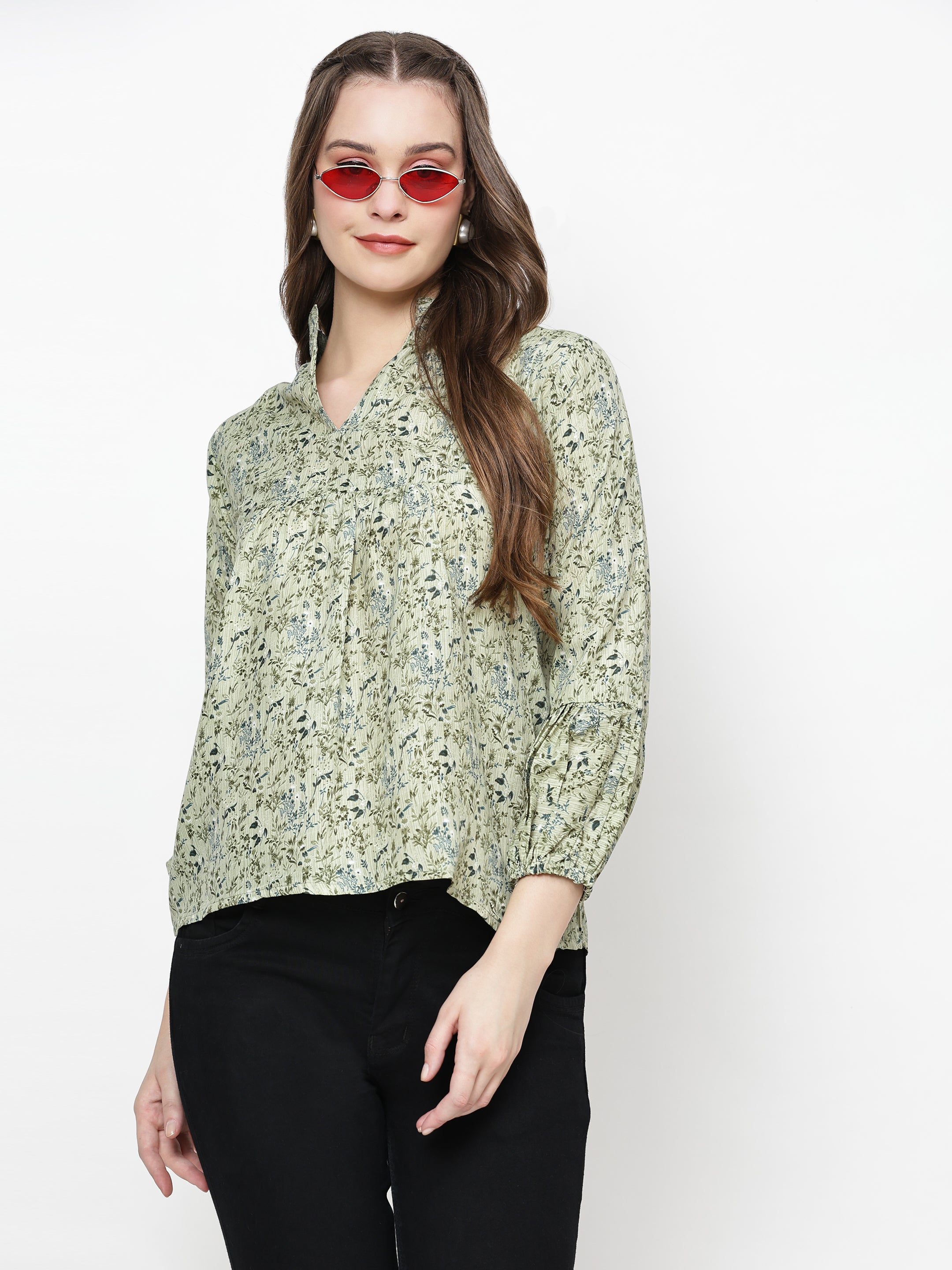 TrendRush Women Green Floral Mandarin Collared Top