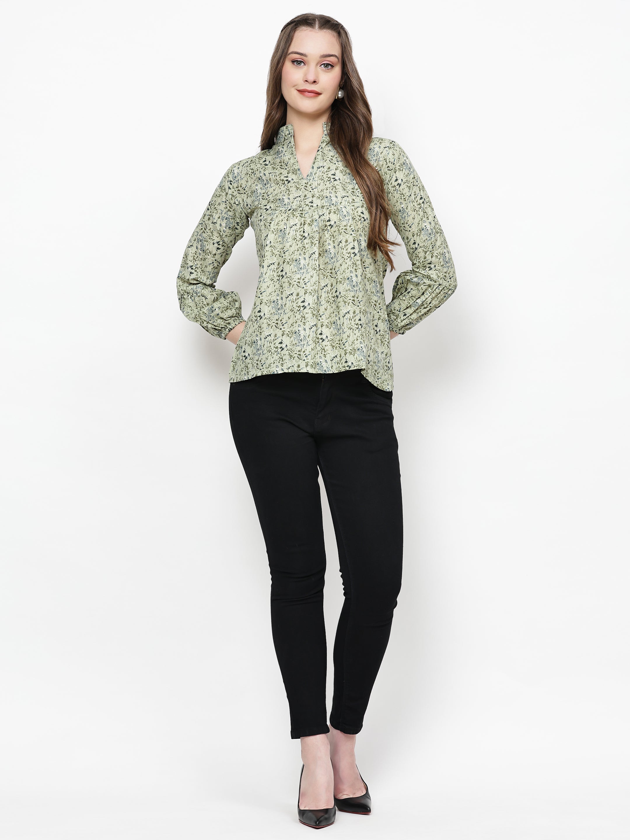 TrendRush Women Green Floral Mandarin Collared Top