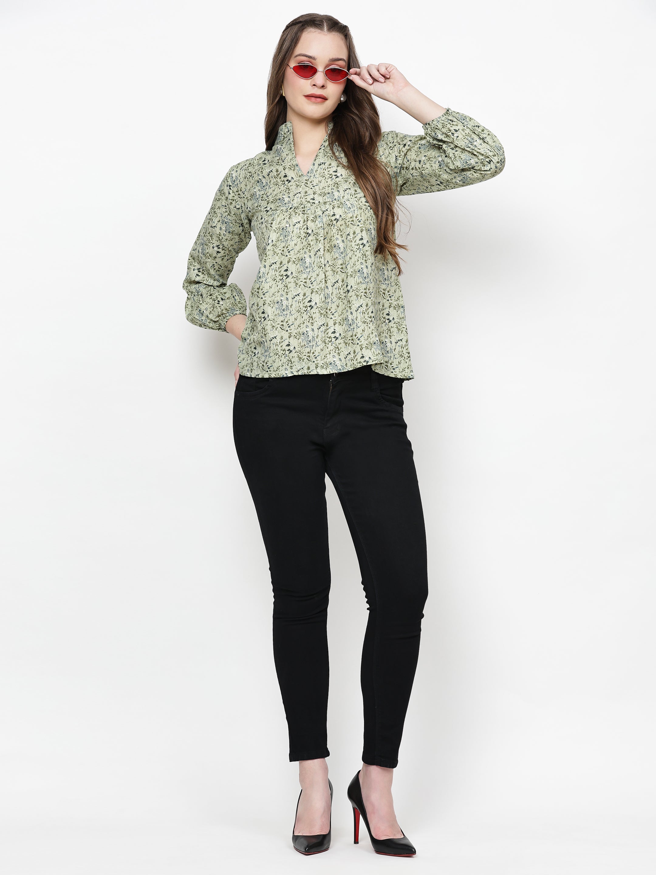 TrendRush Women Green Floral Mandarin Collared Top