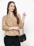 TrendRush Women Beige Floral Mandarin Collared Top