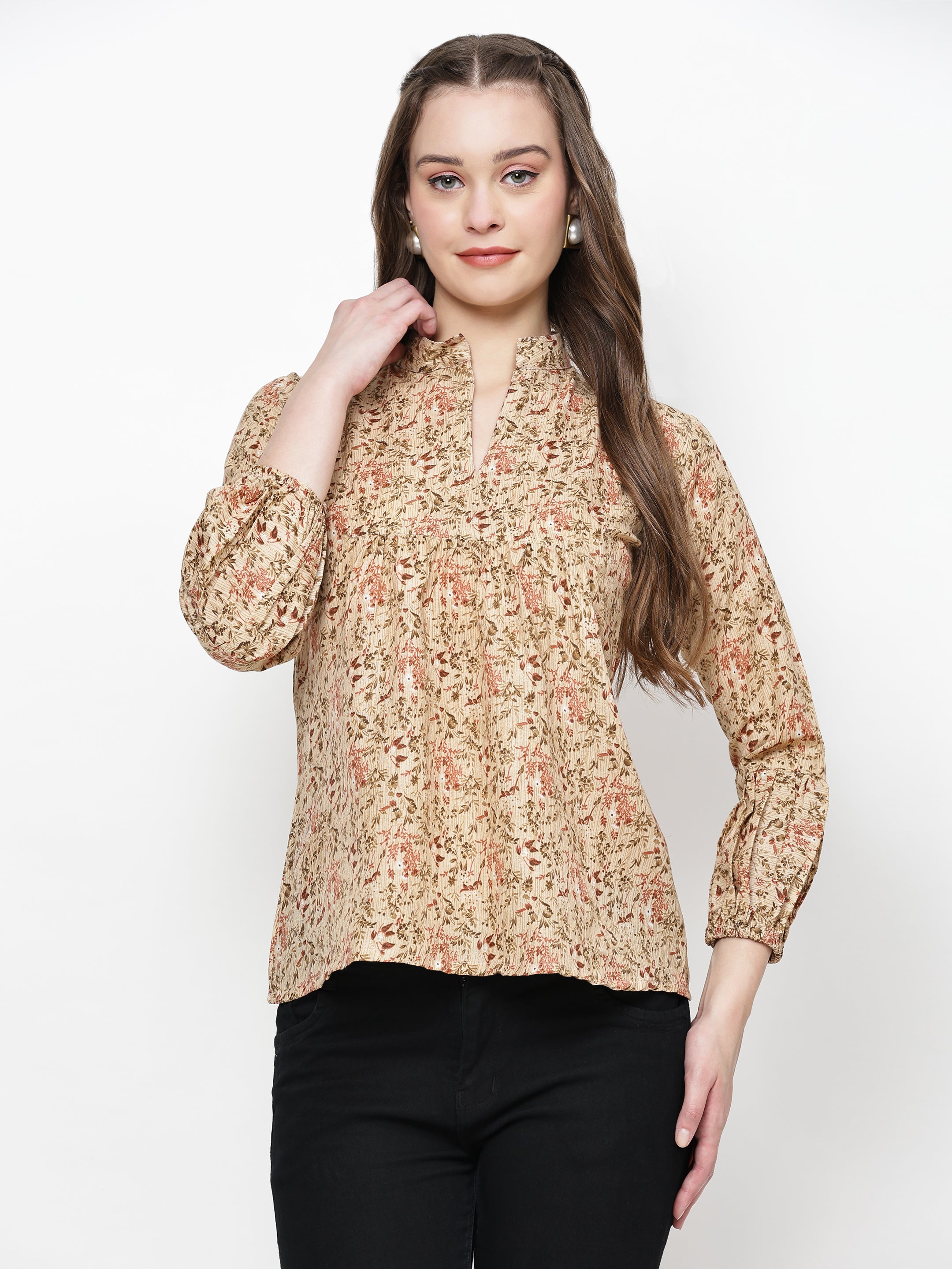 TrendRush Women Beige Floral Mandarin Collared Top