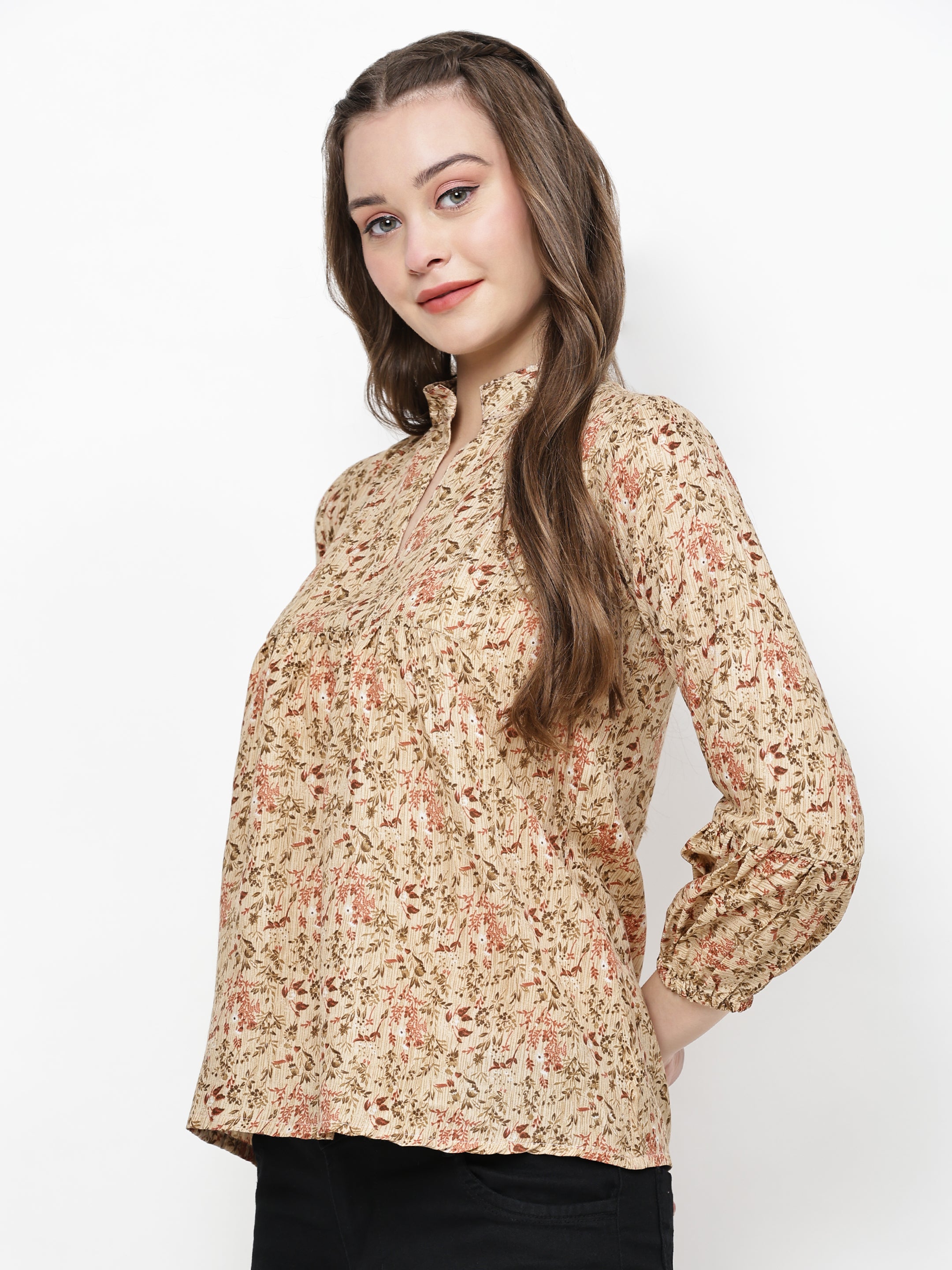 TrendRush Women Beige Floral Mandarin Collared Top