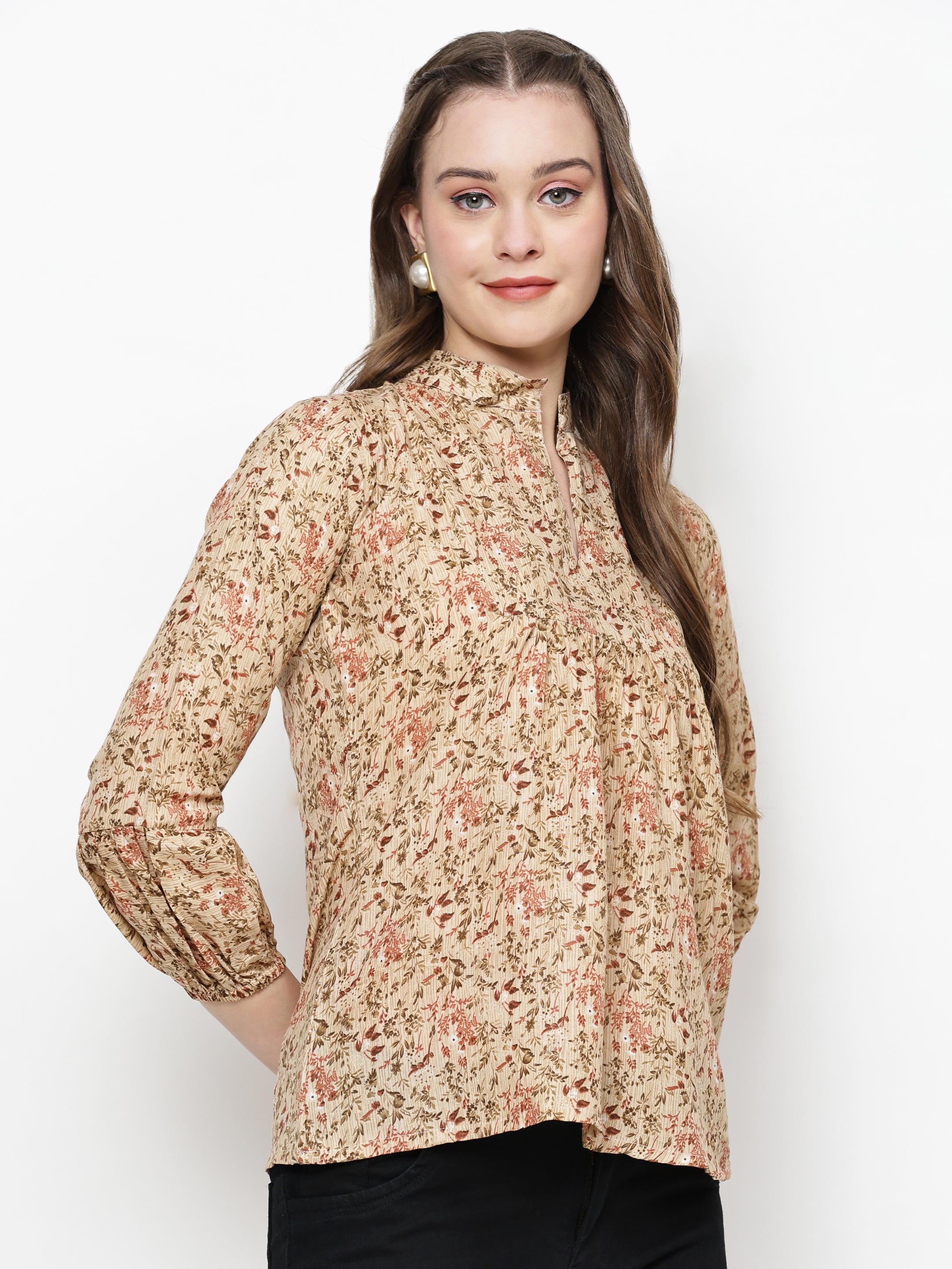 TrendRush Women Beige Floral Mandarin Collared Top