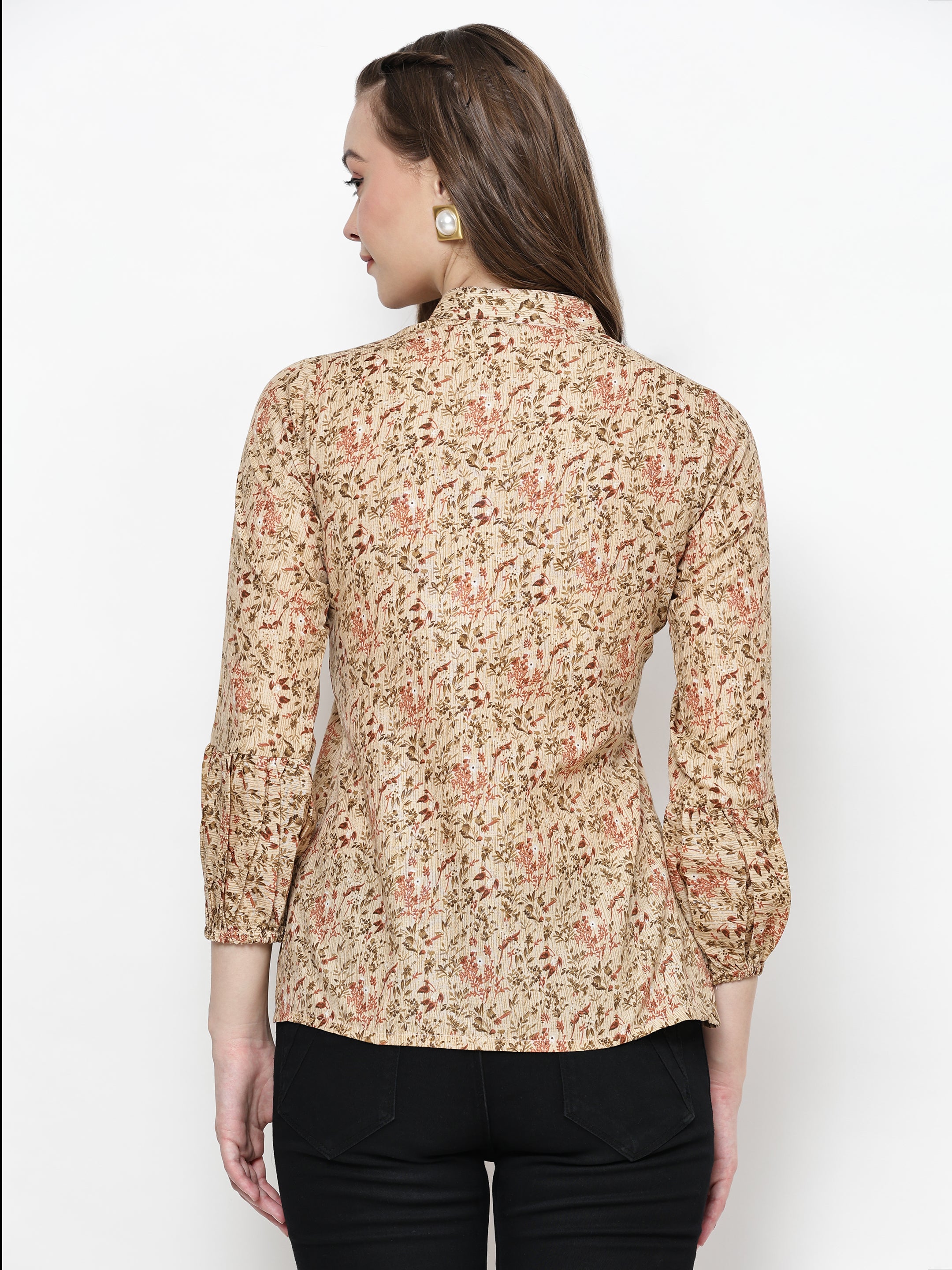 TrendRush Women Beige Floral Mandarin Collared Top