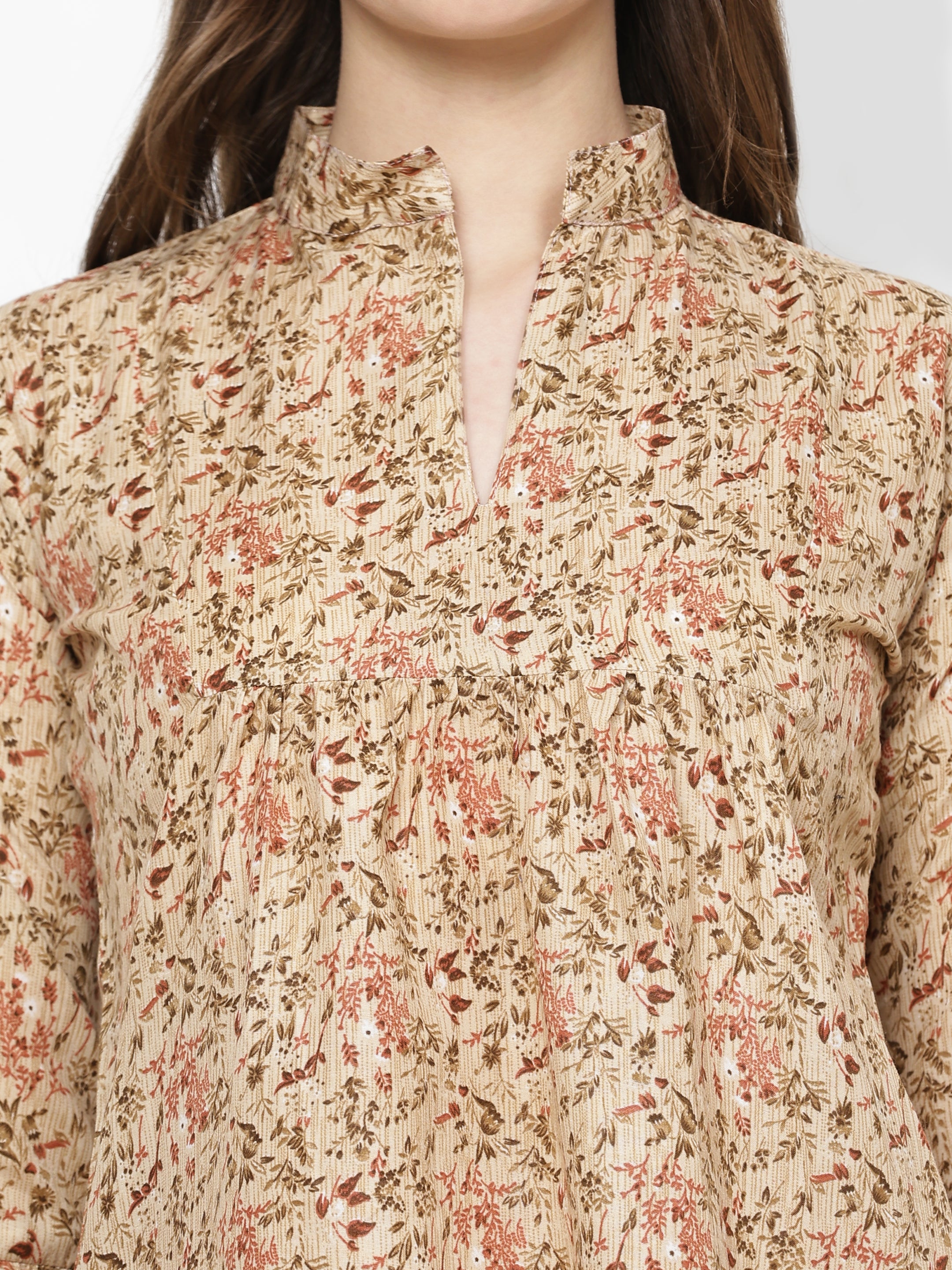 TrendRush Women Beige Floral Mandarin Collared Top