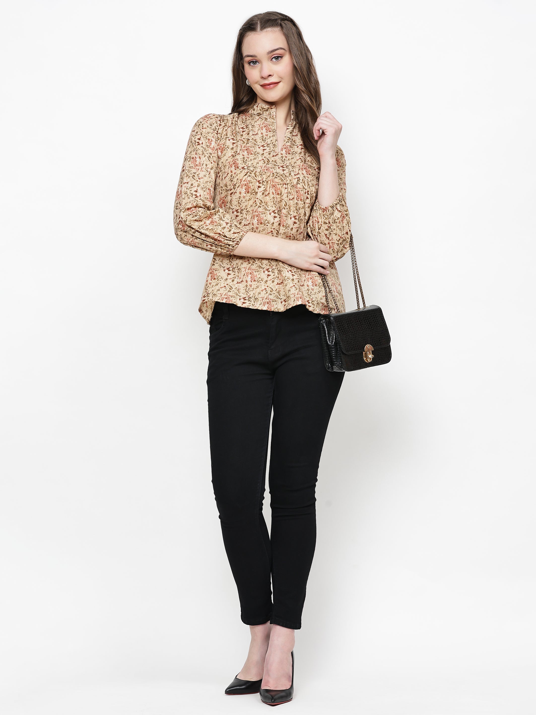 TrendRush Women Beige Floral Mandarin Collared Top