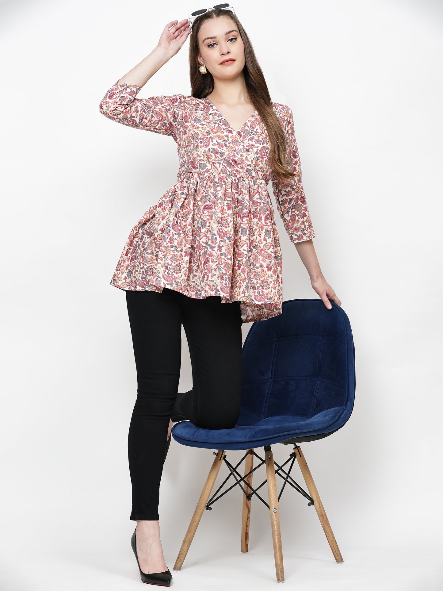 TrendRush Women Pink Paisley V-Neck Wrap Top
