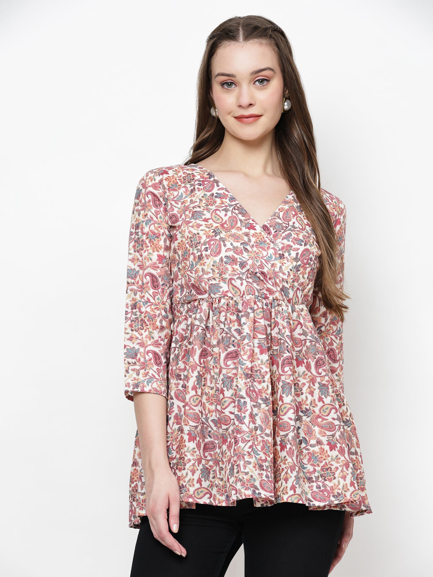 TrendRush Women Pink Paisley V-Neck Wrap Top