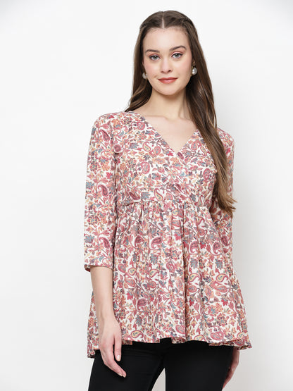 TrendRush Women Pink Paisley V-Neck Wrap Top