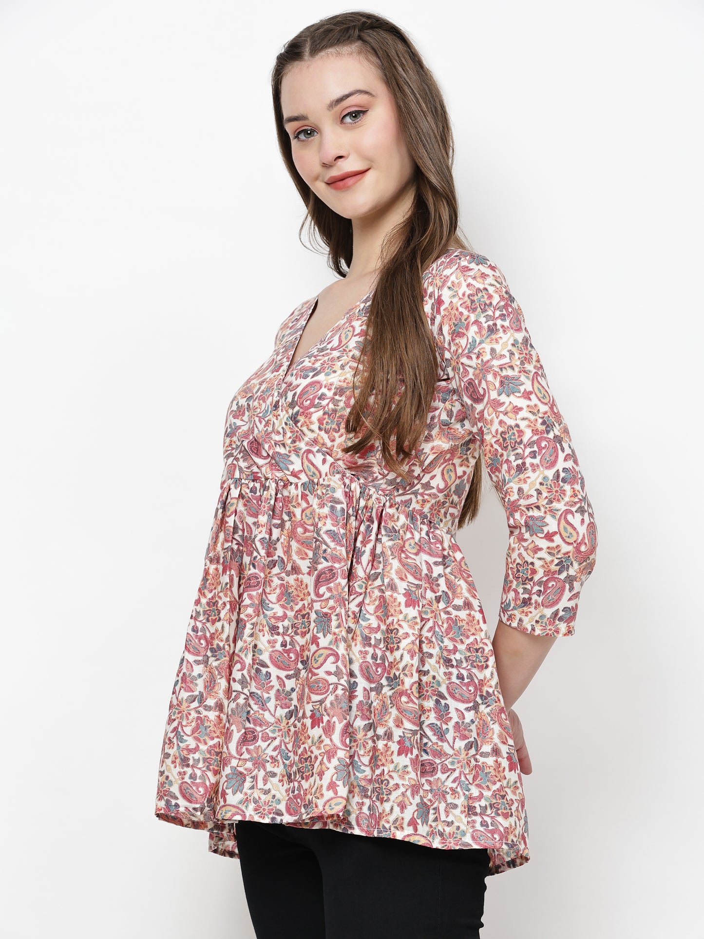 TrendRush Women Pink Paisley V-Neck Wrap Top