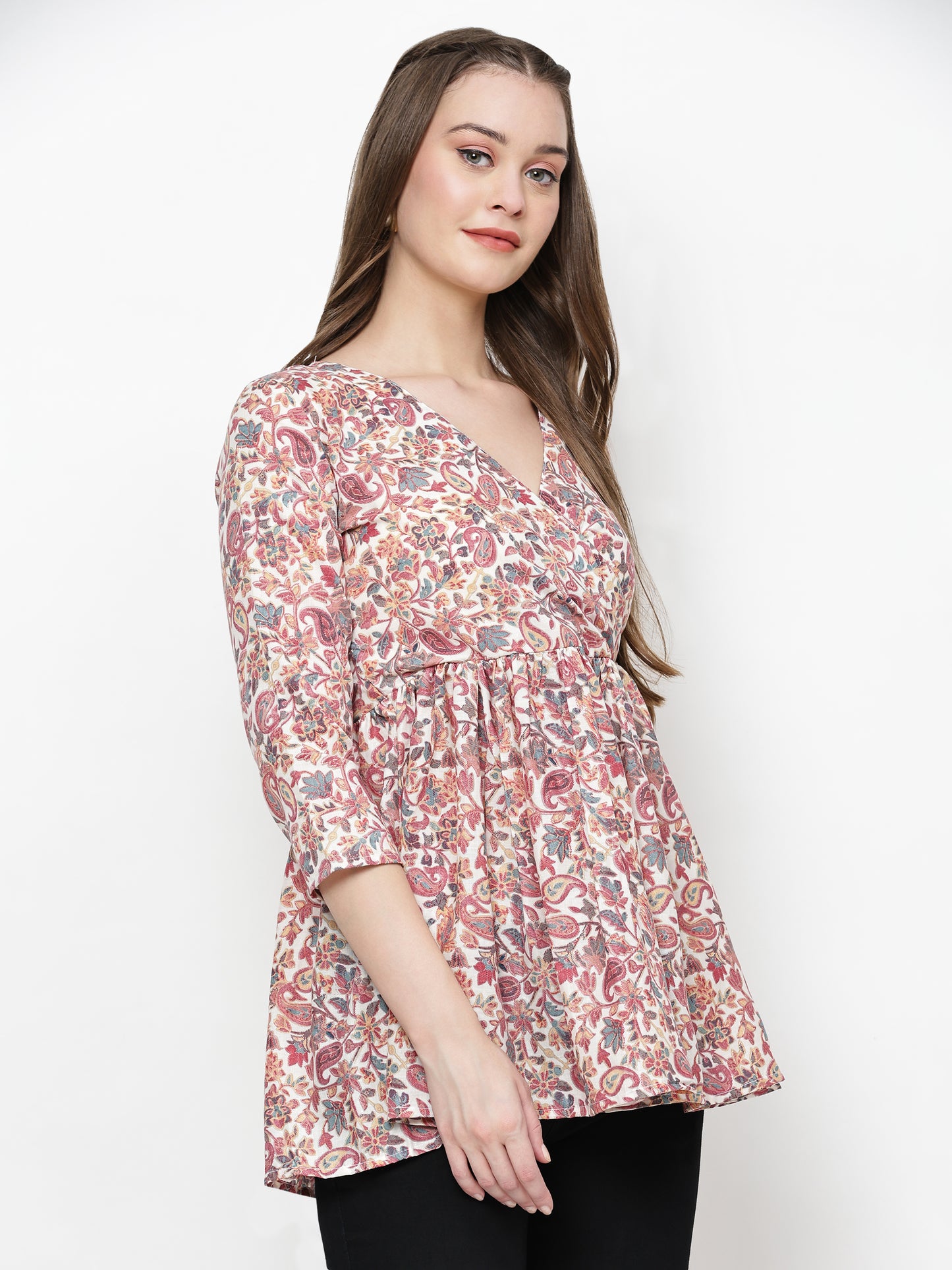 TrendRush Women Pink Paisley V-Neck Wrap Top