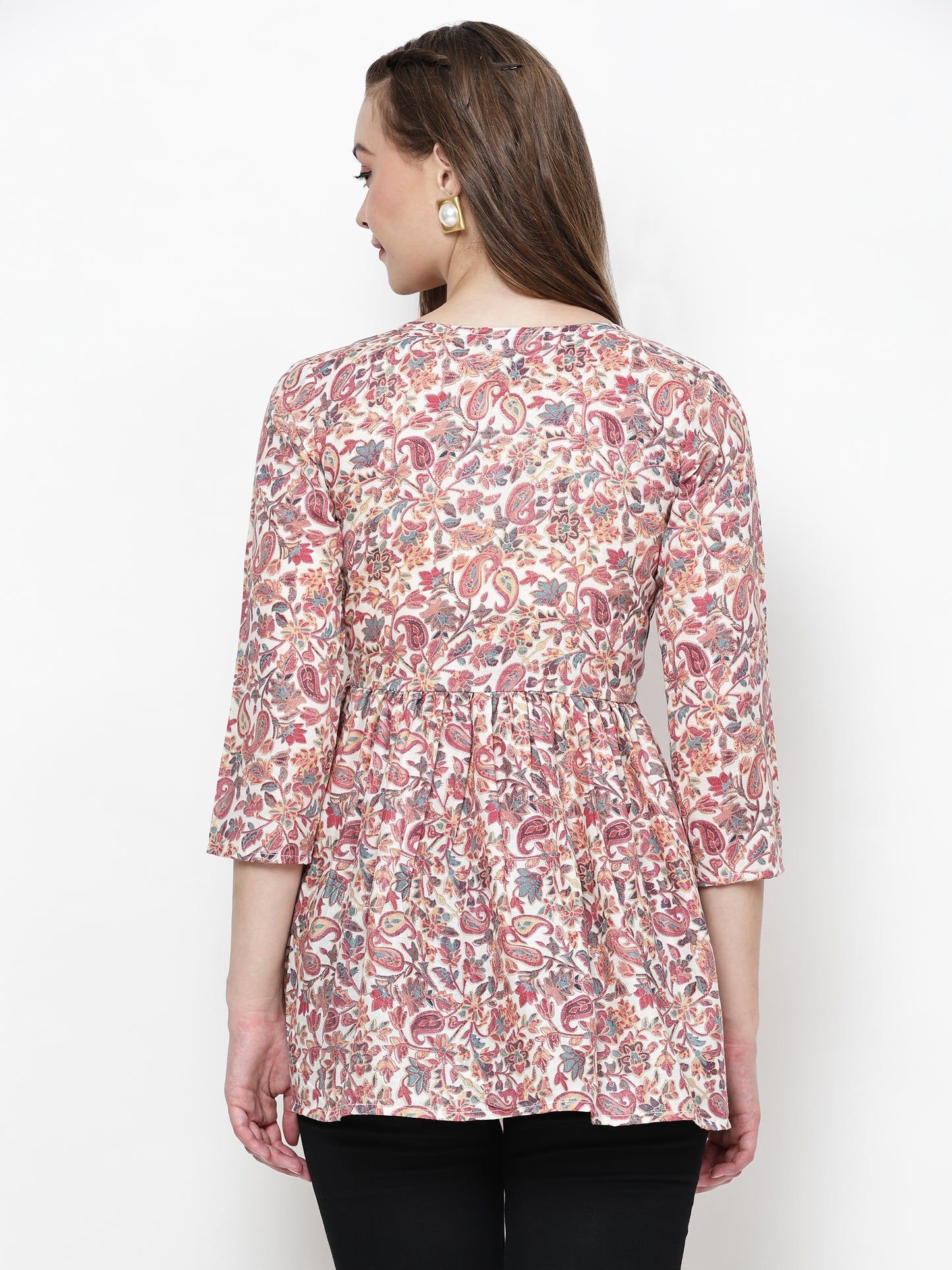 TrendRush Women Pink Paisley V-Neck Wrap Top