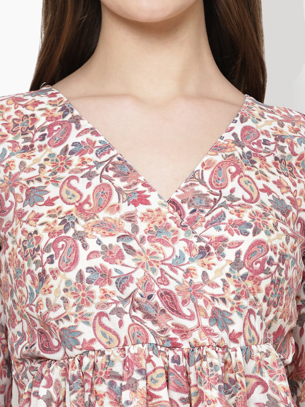 TrendRush Women Pink Paisley V-Neck Wrap Top
