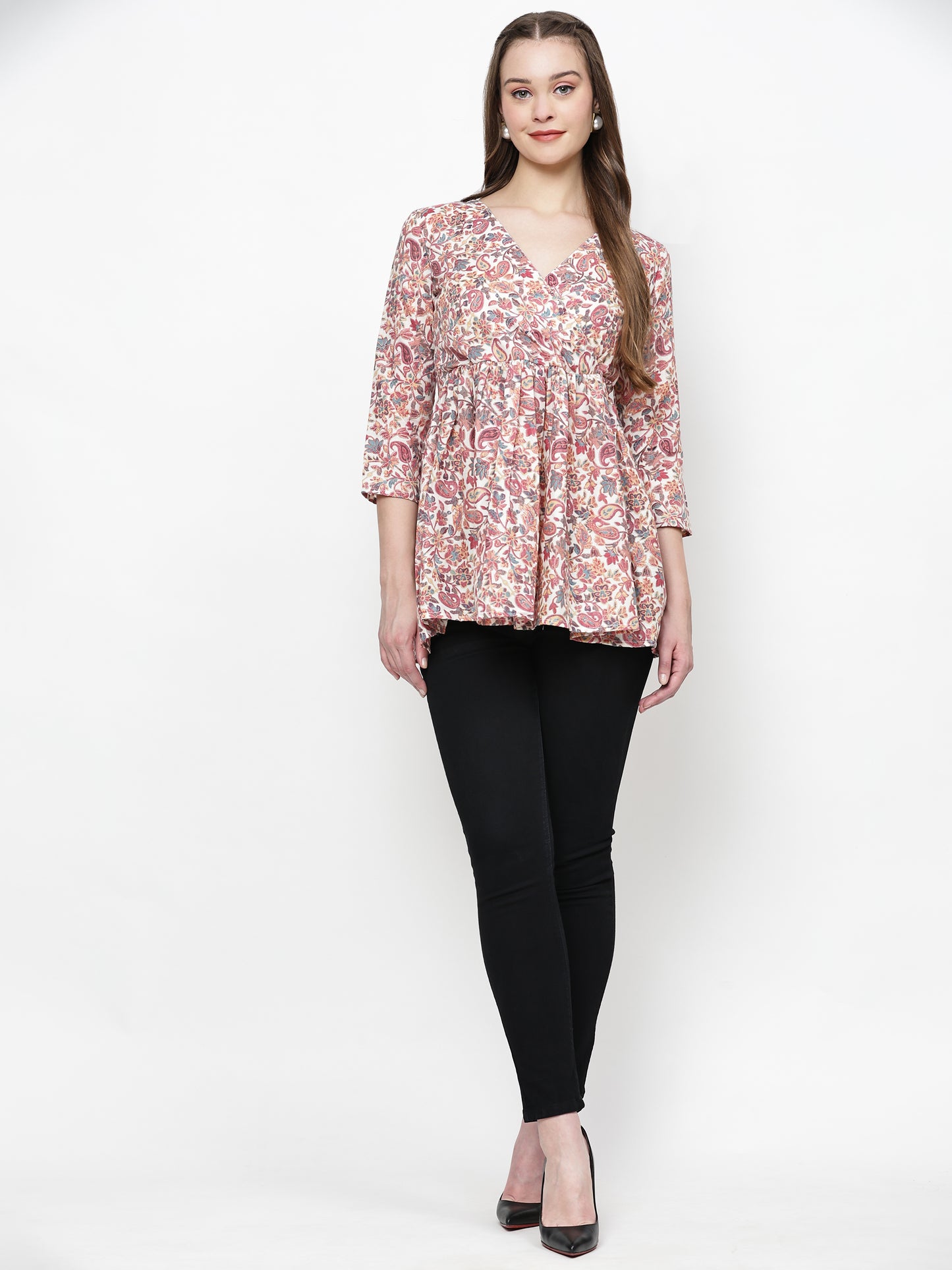 TrendRush Women Pink Paisley V-Neck Wrap Top