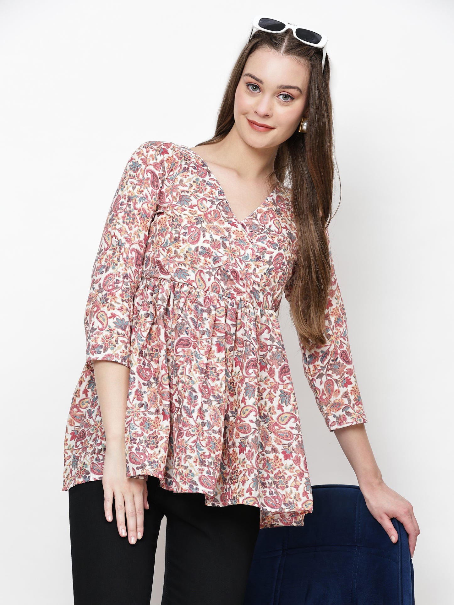 TrendRush Women Pink Paisley V-Neck Wrap Top