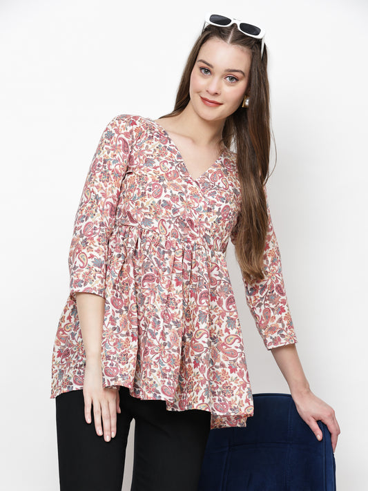 TrendRush Women Pink Paisley V-Neck Wrap Top