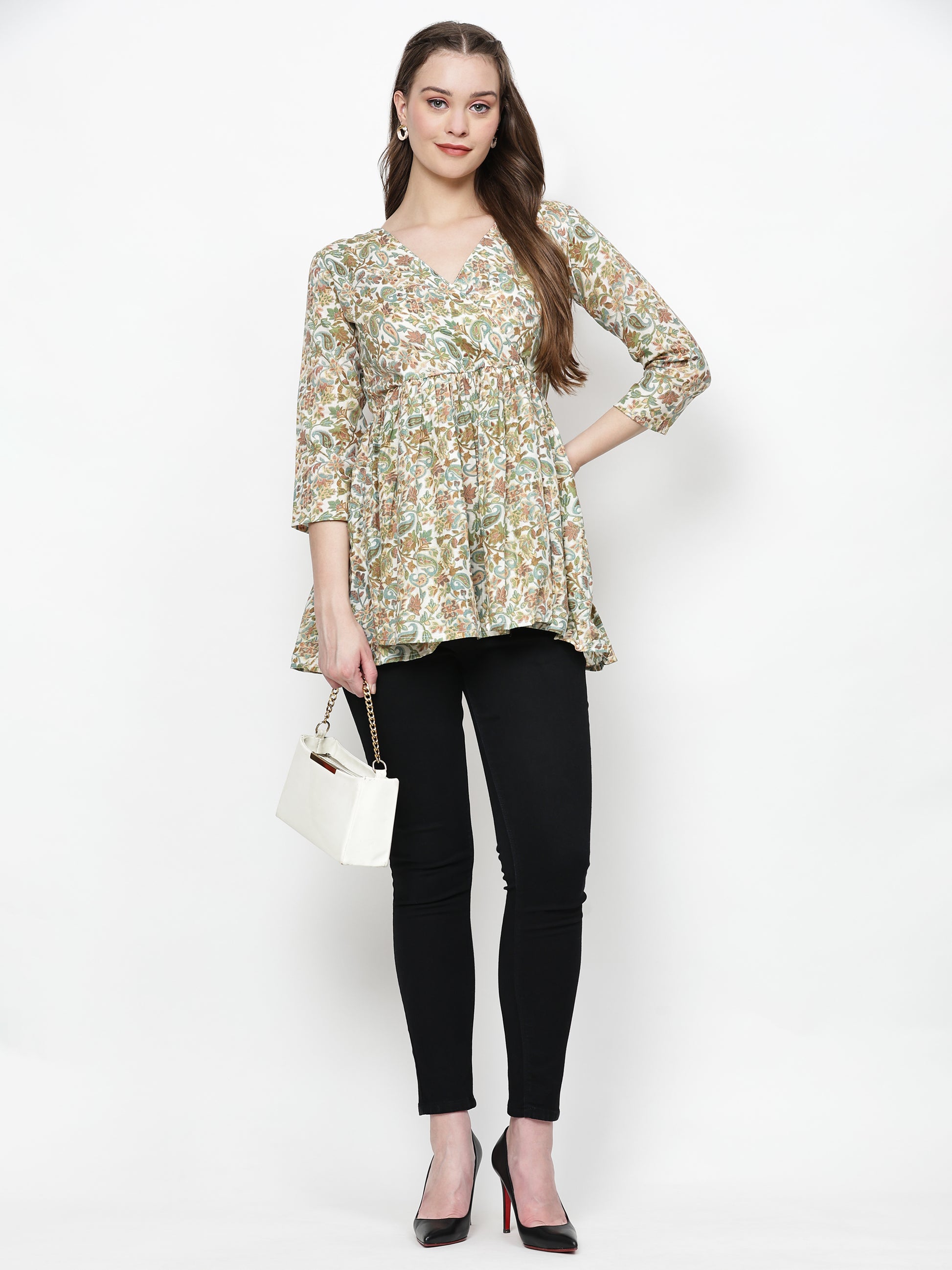 TrendRush Women Green Paisley V-Neck Wrap Top