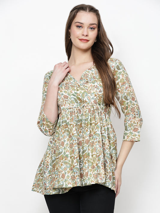 TrendRush Women Green Paisley V-Neck Wrap Top