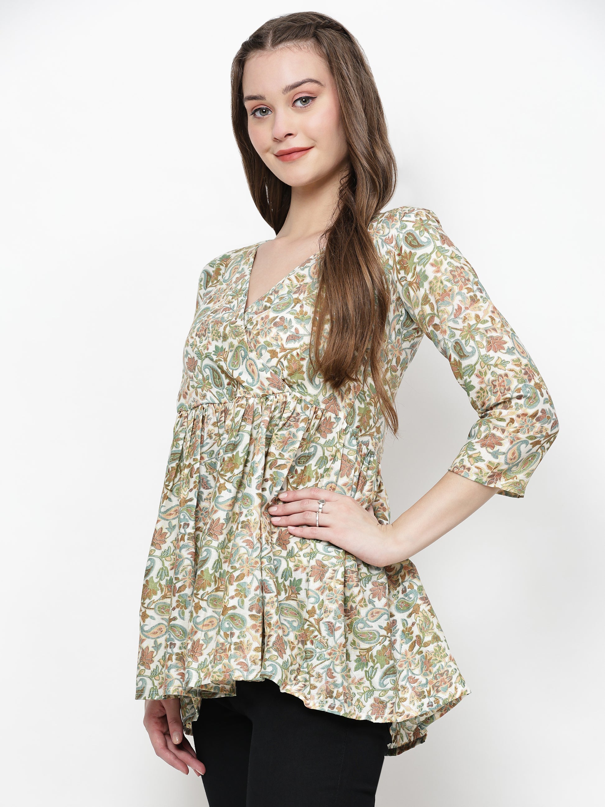 TrendRush Women Green Paisley V-Neck Wrap Top