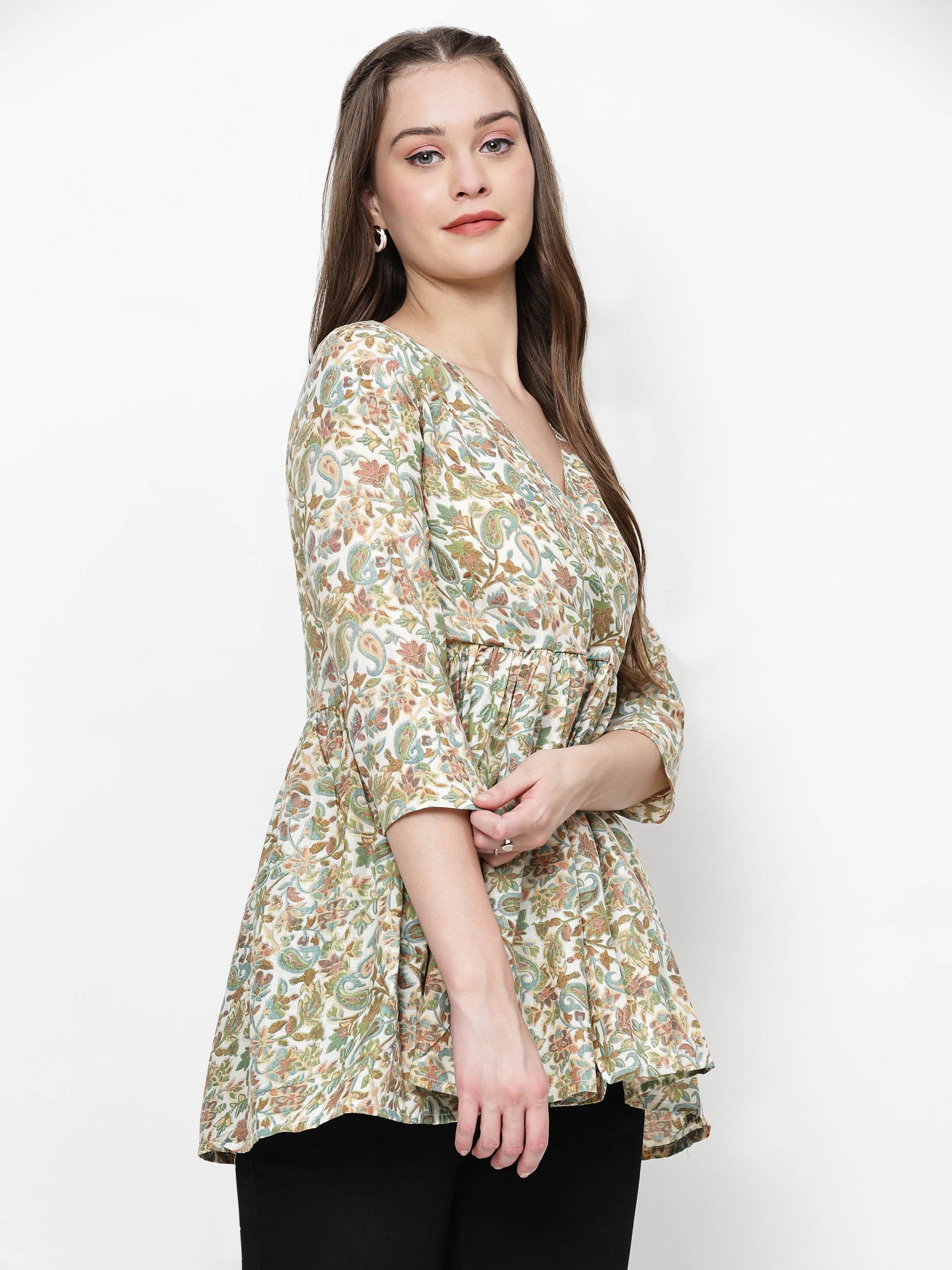 TrendRush Women Green Paisley V-Neck Wrap Top