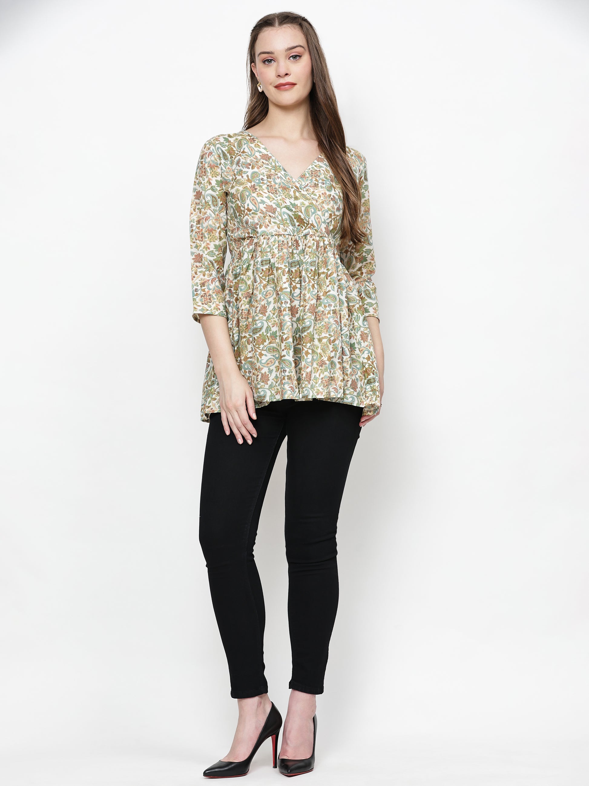 TrendRush Women Green Paisley V-Neck Wrap Top