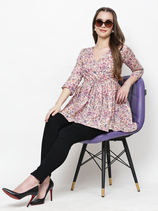 TrendRush Women Purple Paisley V-Neck Wrap Top