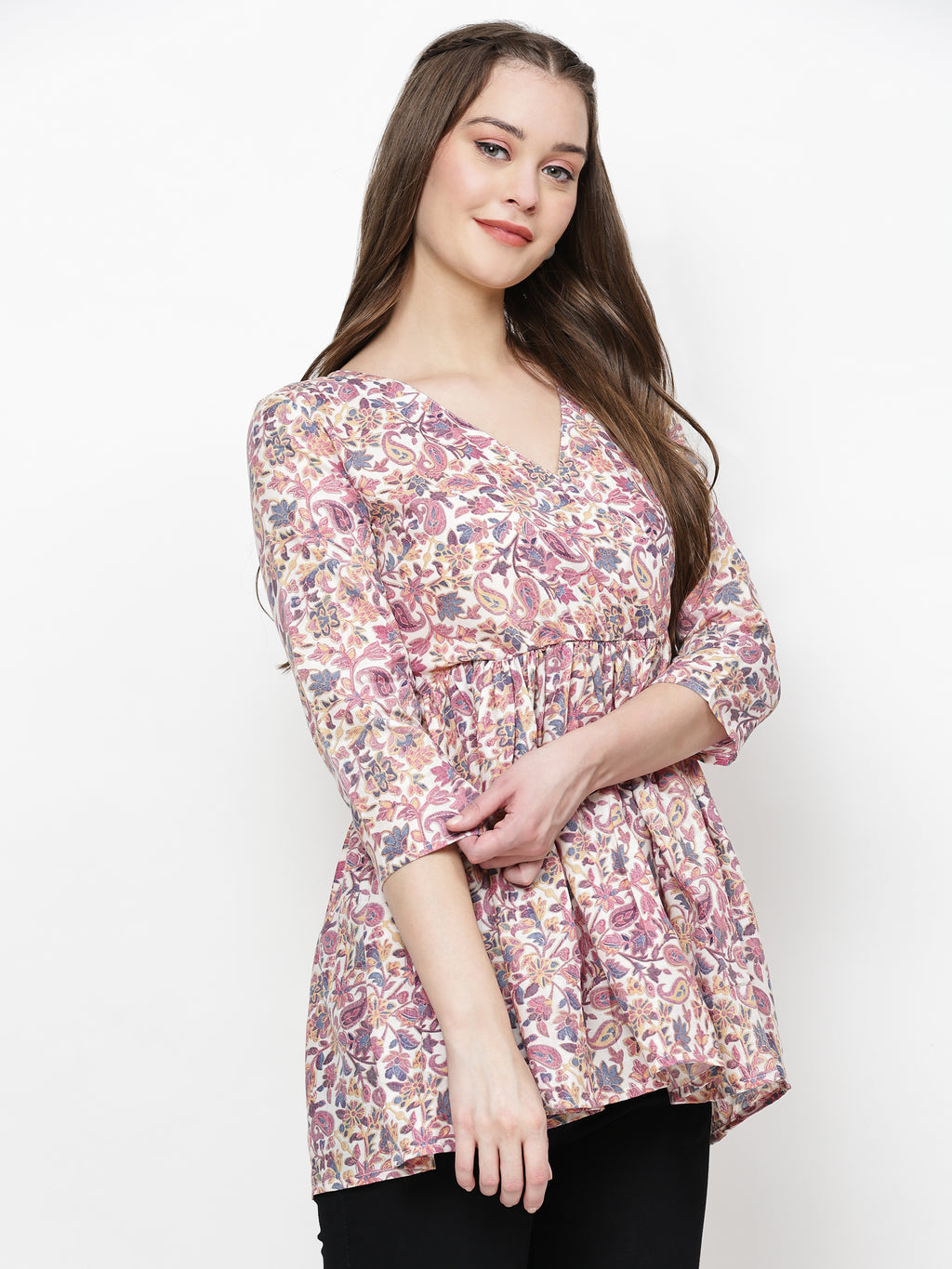 TrendRush Women Purple Paisley V-Neck Wrap Top