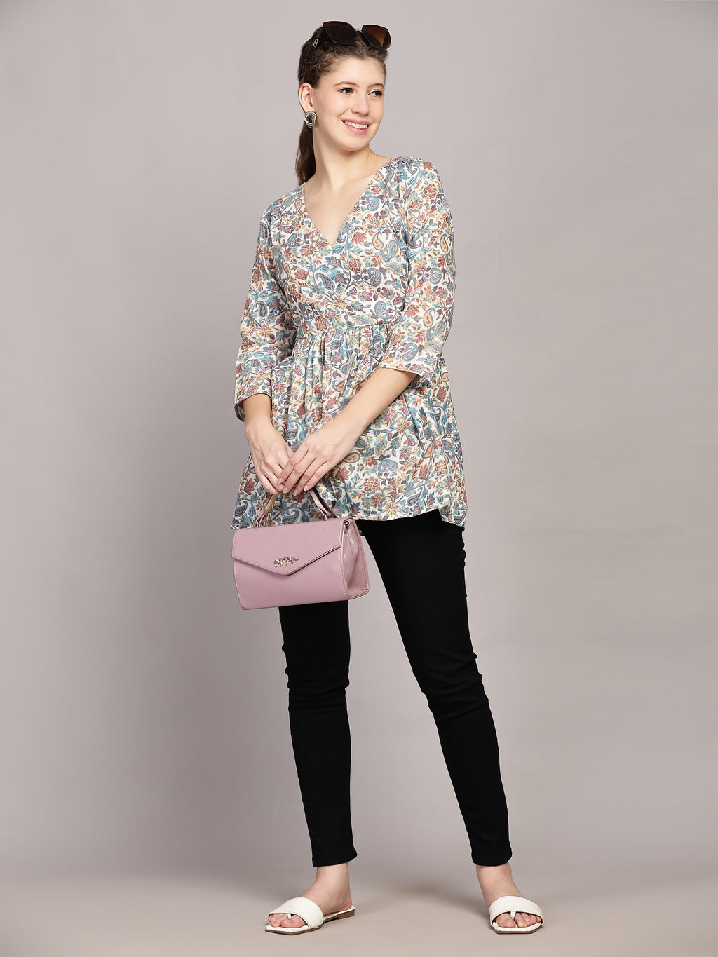 TrendRush Women Paisley Blue V-Neck Wrap Top