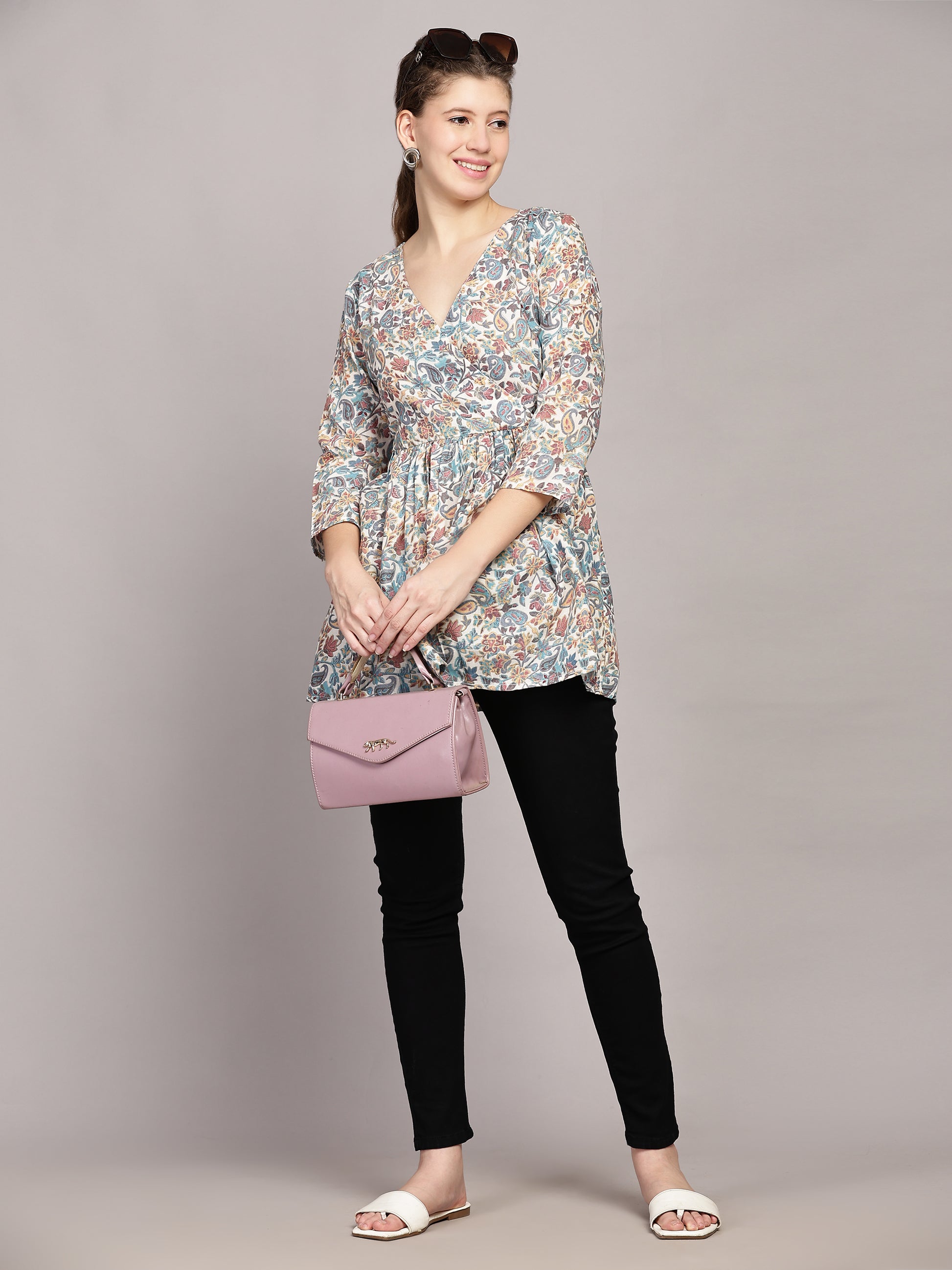 TrendRush Women Paisley Blue V-Neck Wrap Top